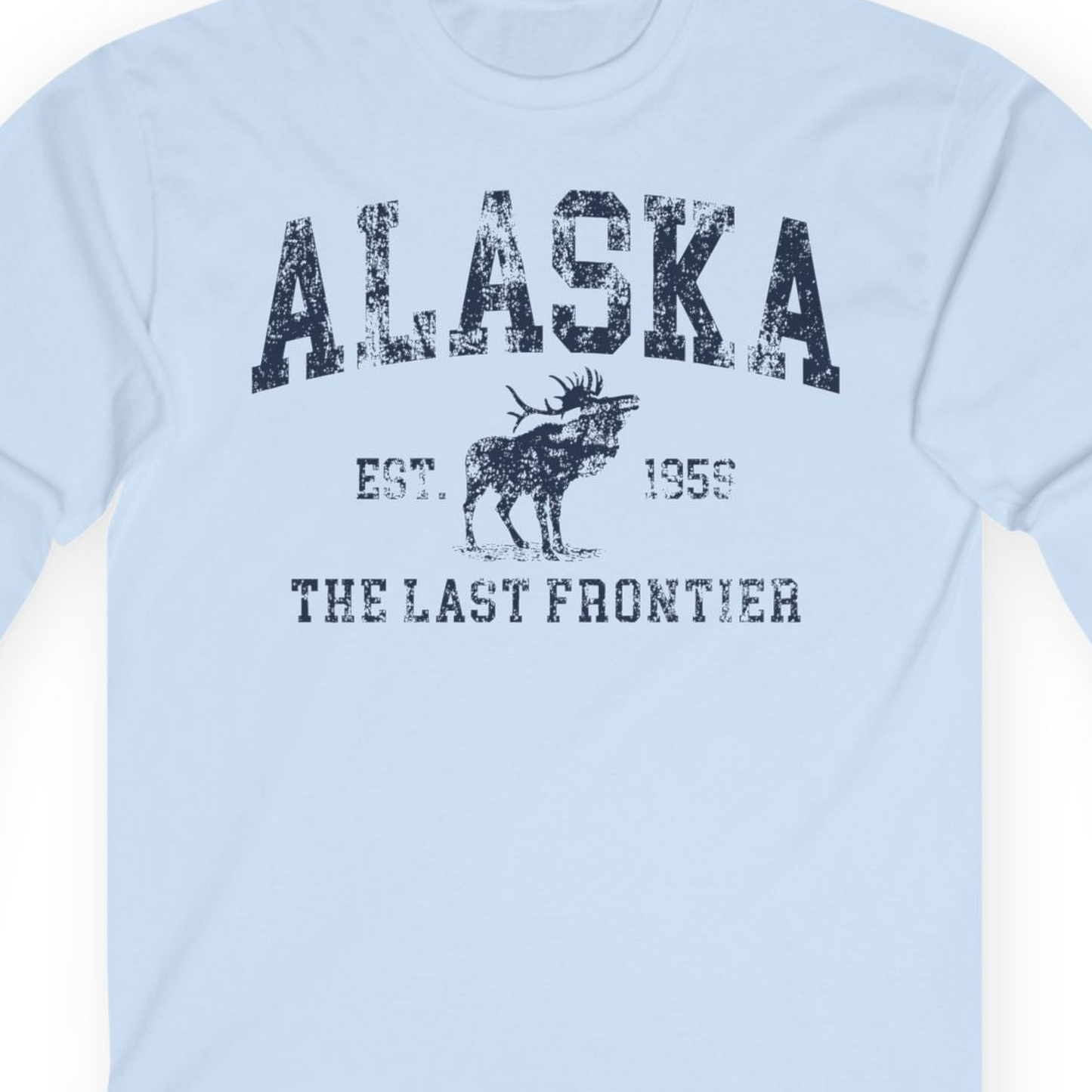 Vintage Alaska Moose Shirt Long Sleeve Shirt – Light Blue – Alaska Cruise Shirts Close Up