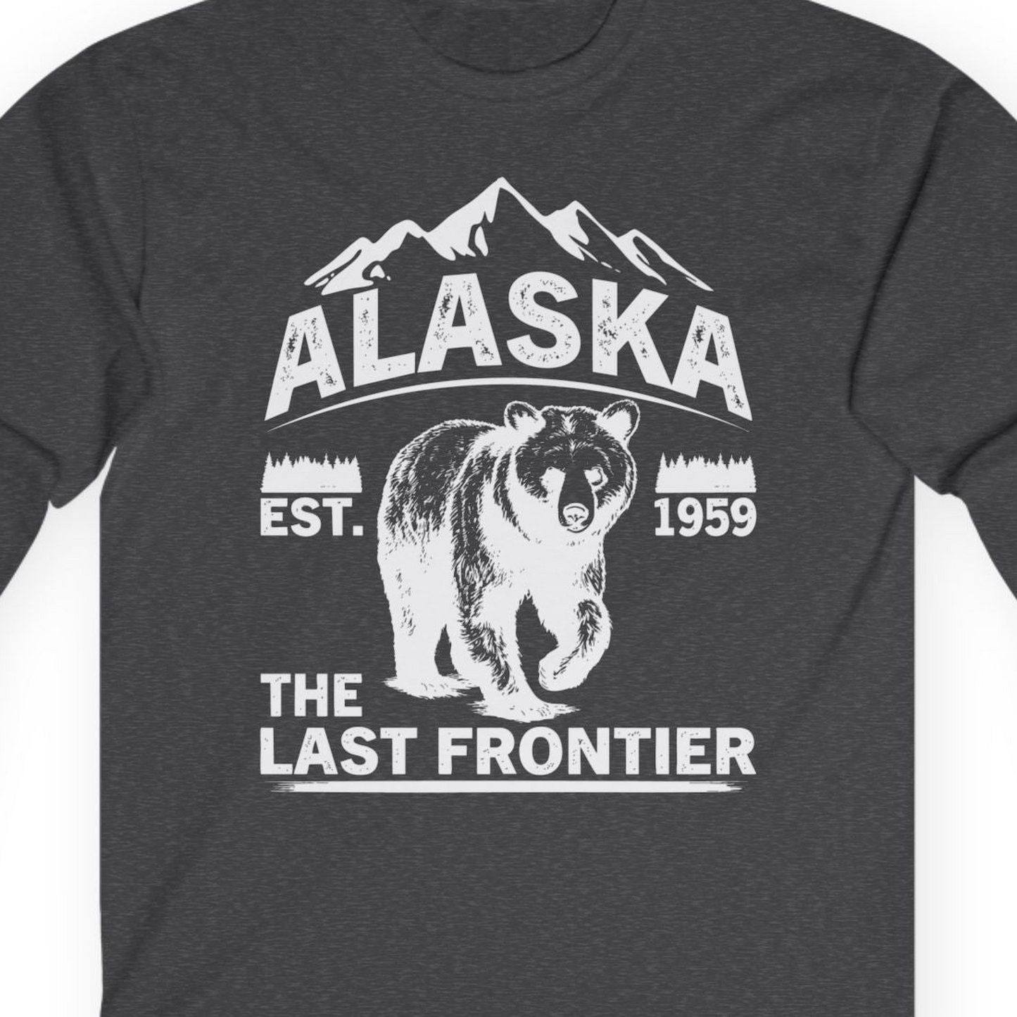 Alaska Bear Shirt Long Sleeve Shirt – Dark Heather – Alaska Cruise Shirts Close Up