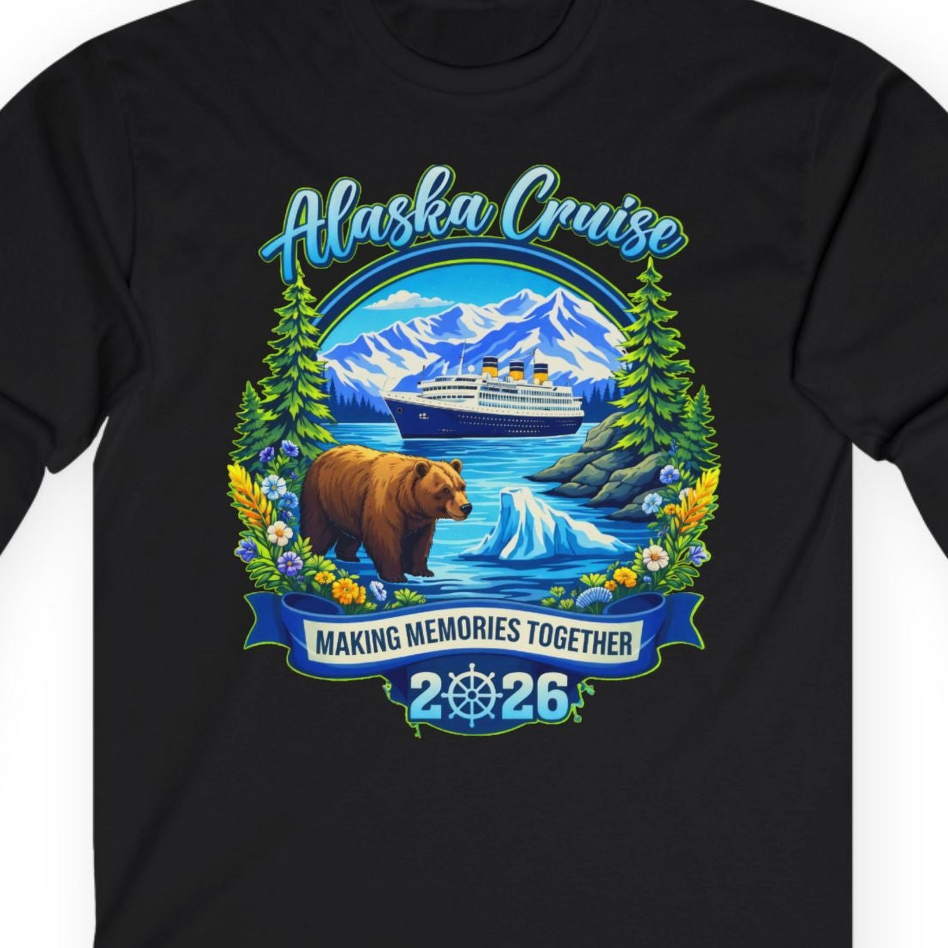 Alaska Cruise 2026 Family long sleeve shirt Long Sleeve Shirt – Black – Alaska Cruise Shirts Close Up