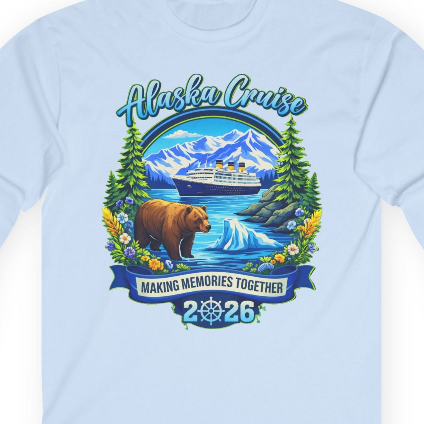 Alaska Cruise 2026 Family long sleeve shirt Long Sleeve Shirt – Light Blue – Alaska Cruise Shirts Close Up
