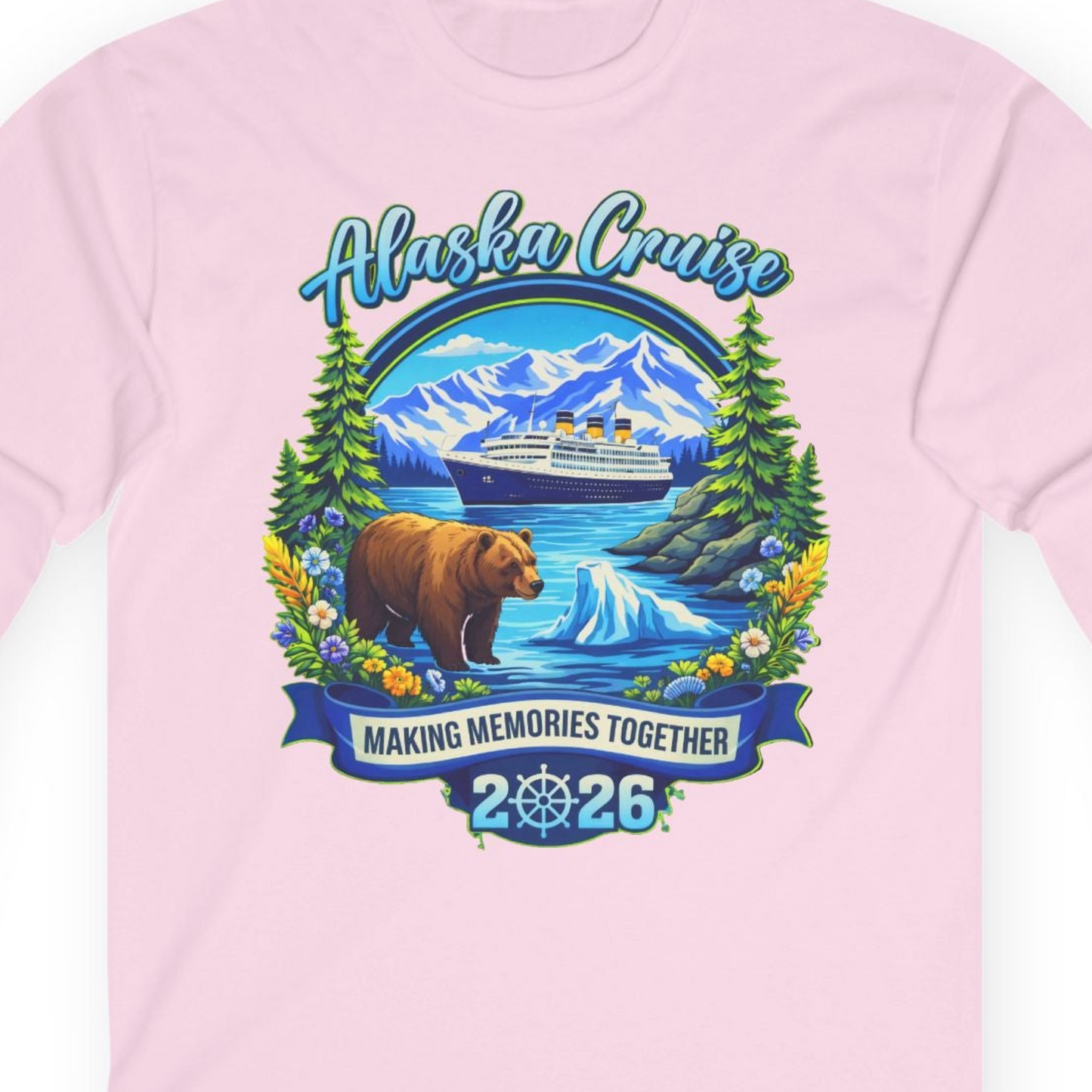 Alaska Cruise 2026 Family long sleeve shirt Long Sleeve Shirt – Light Pink – Alaska Cruise Shirts Close Up