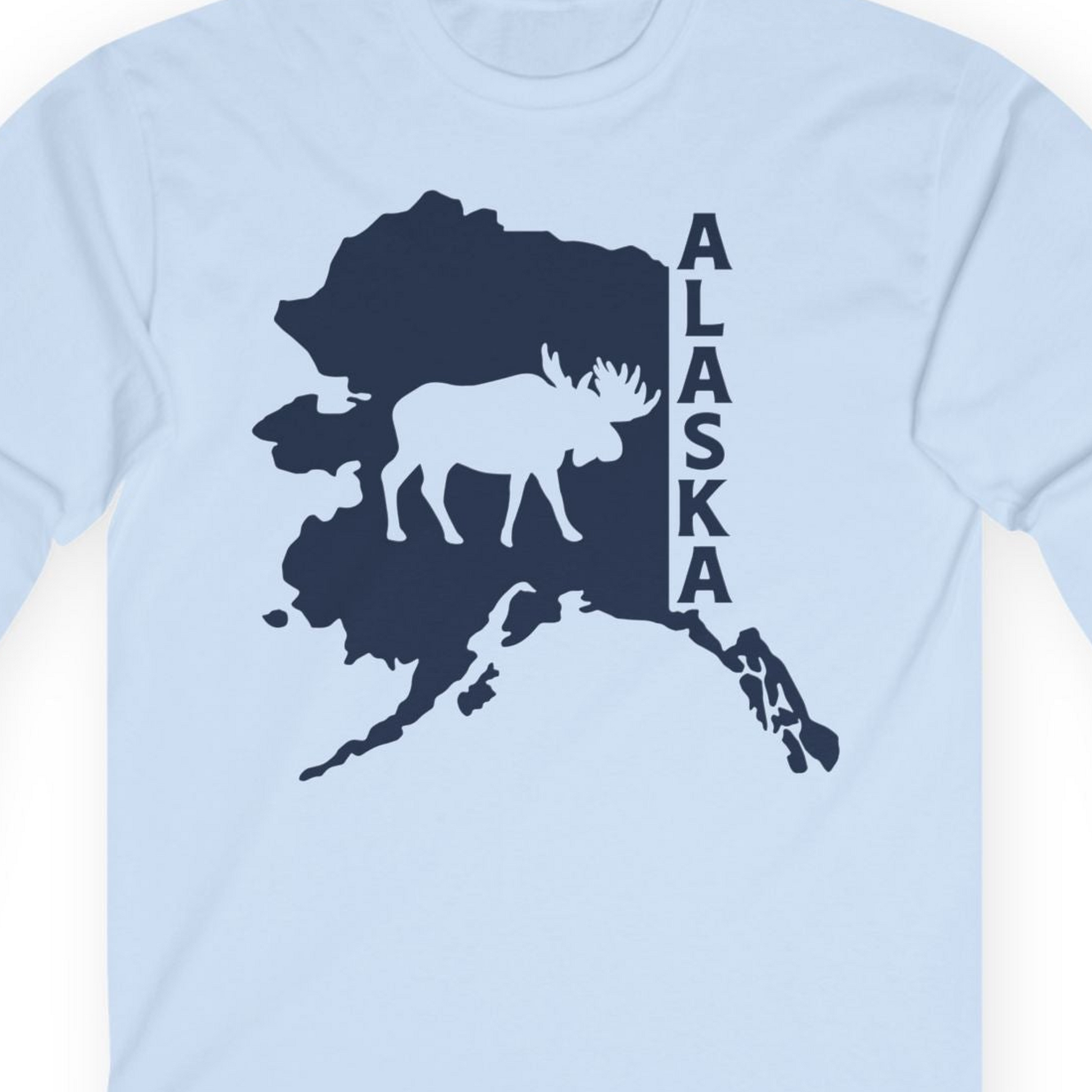 Alaska Moose Silhouette Shirt Long Sleeve Shirt – Light Blue – Alaska Cruise Shirts Close Up