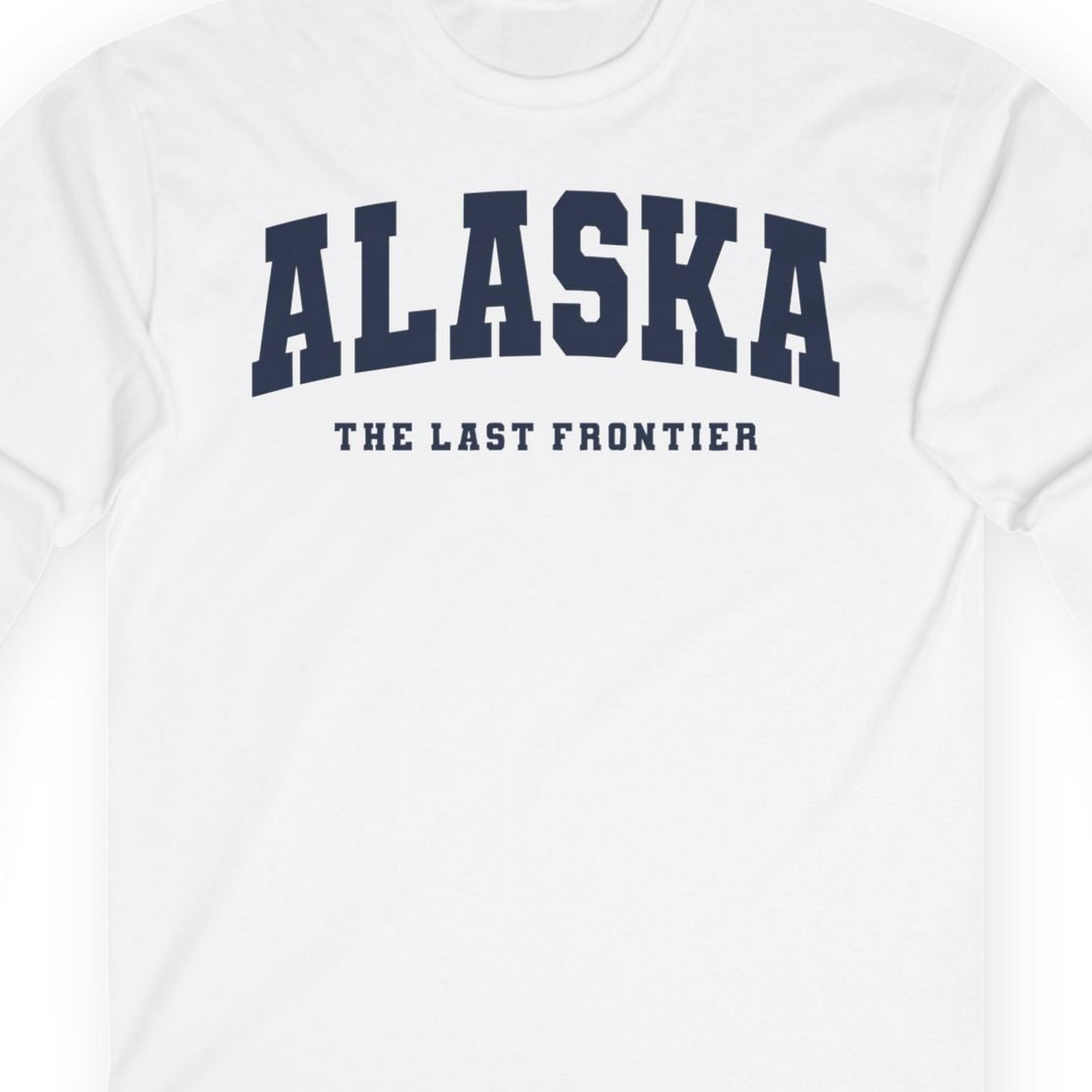 Alaska The Last Frontier Bold Collegiate Vintage State Pride Shirt — Long Sleeve Long Sleeve Shirt – White – Alaska Cruise Shirts Close Up