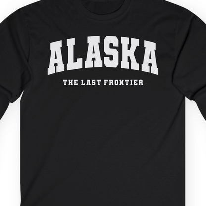 Alaska The Last Frontier Bold Collegiate Vintage State Pride Shirt — Long Sleeve Long Sleeve Shirt – Black – Alaska Cruise Shirts Close Up