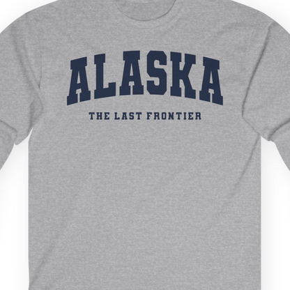 Alaska The Last Frontier Bold Collegiate Vintage State Pride Shirt — Long Sleeve Long Sleeve Shirt – Sport Grey – Alaska Cruise Shirts Close Up