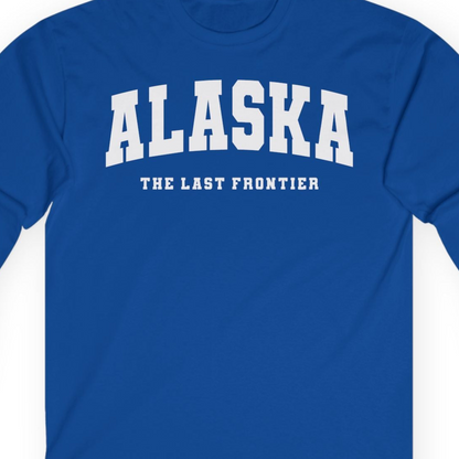Alaska The Last Frontier Bold Collegiate Vintage State Pride Shirt — Long Sleeve Long Sleeve Shirt – Royal – Alaska Cruise Shirts Close Up
