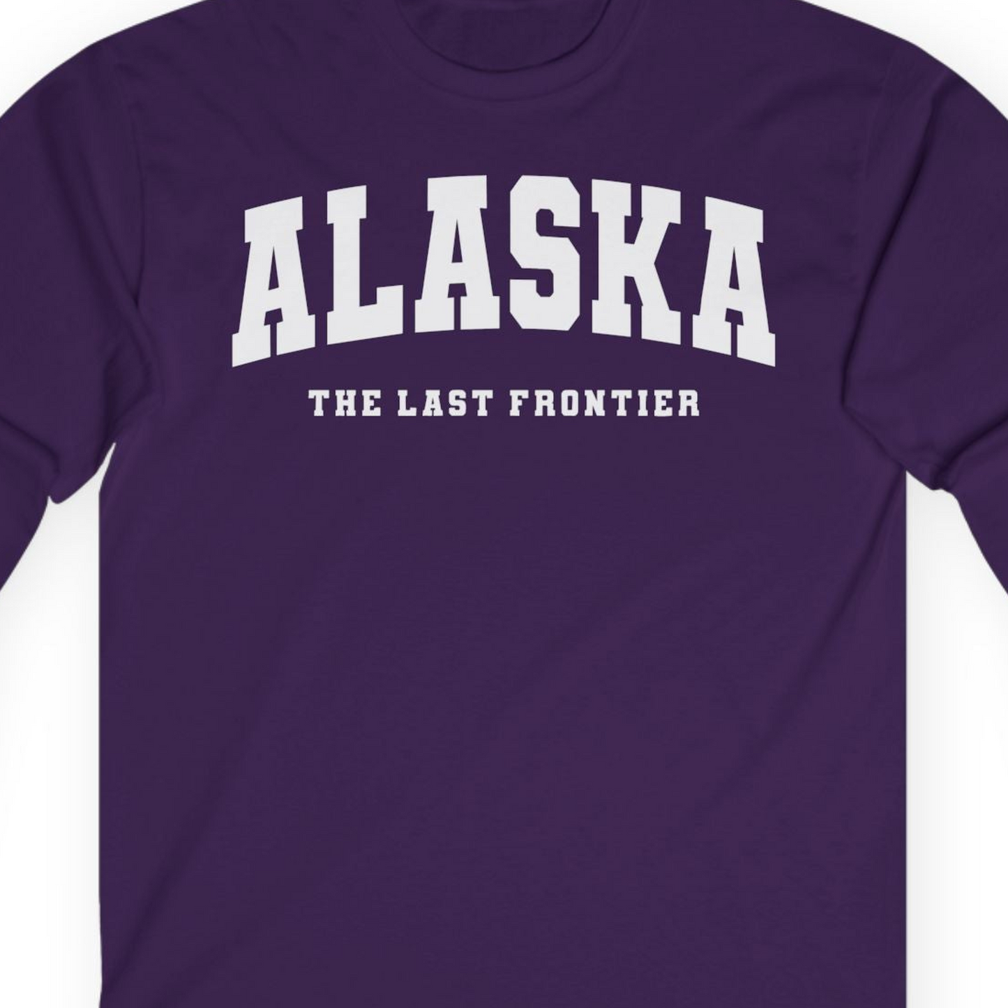 Alaska The Last Frontier Bold Collegiate Vintage State Pride Shirt — Long Sleeve Long Sleeve Shirt – Purple – Alaska Cruise Shirts Close Up