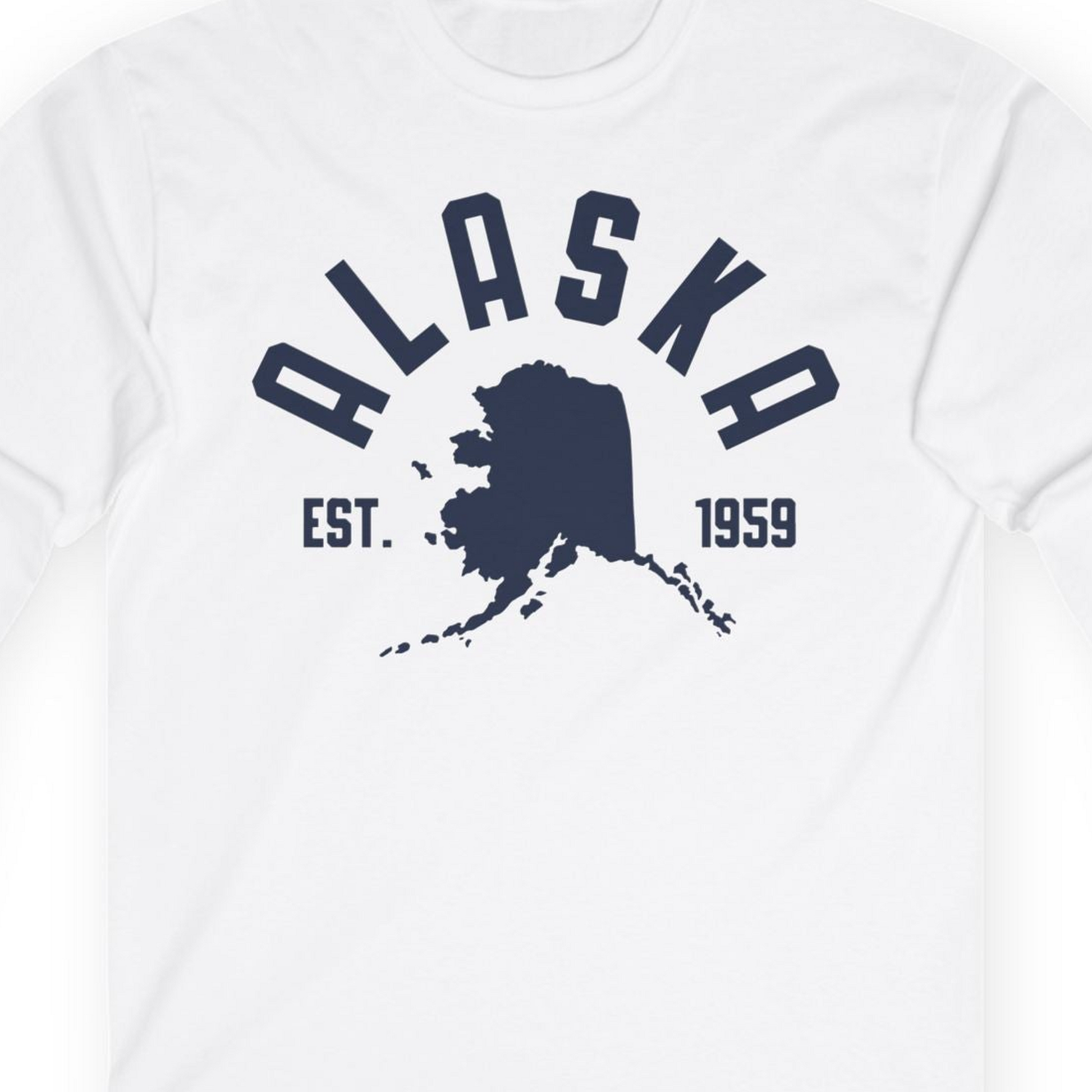 Vintage Alaska State Outline Est 1959 Retro Collegiate Shirt — Long Sleeve Long Sleeve Shirt – White – Alaska Cruise Shirts Close Up