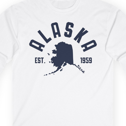 Vintage Alaska State Outline Est 1959 Retro Collegiate Shirt — Long Sleeve Long Sleeve Shirt – White – Alaska Cruise Shirts Close Up