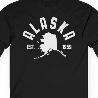 Vintage Alaska State Outline Est 1959 Retro Collegiate Shirt — Long Sleeve Long Sleeve Shirt – Black – Alaska Cruise Shirts Close Up