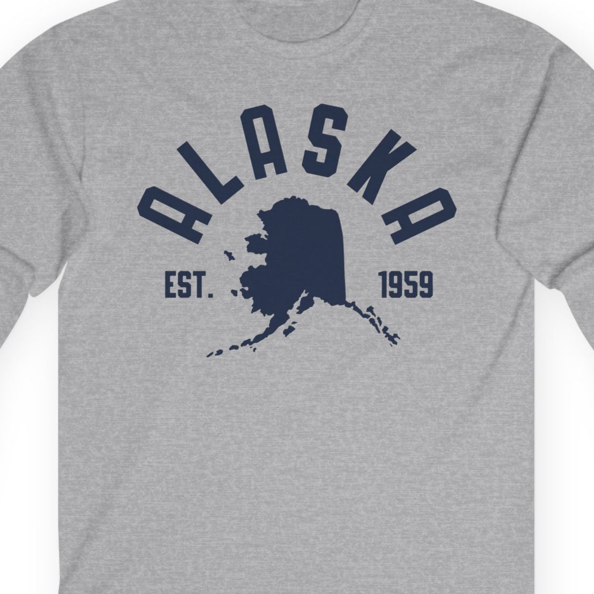 Vintage Alaska State Outline Est 1959 Retro Collegiate Shirt — Long Sleeve Long Sleeve Shirt – Sport Grey – Alaska Cruise Shirts Close Up