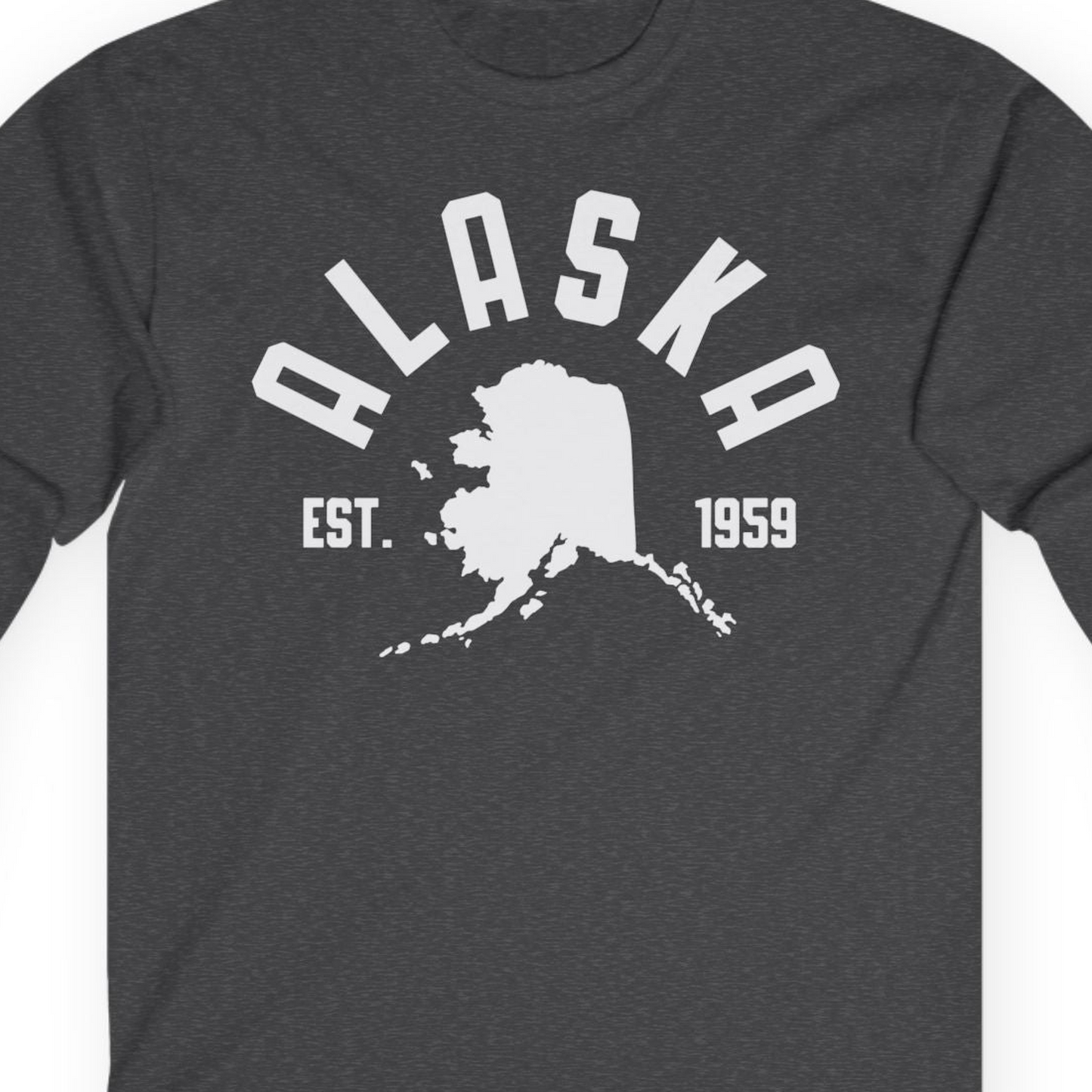 Vintage Alaska State Outline Est 1959 Retro Collegiate Shirt — Long Sleeve Long Sleeve Shirt – Dark Heather – Alaska Cruise Shirts Close Up
