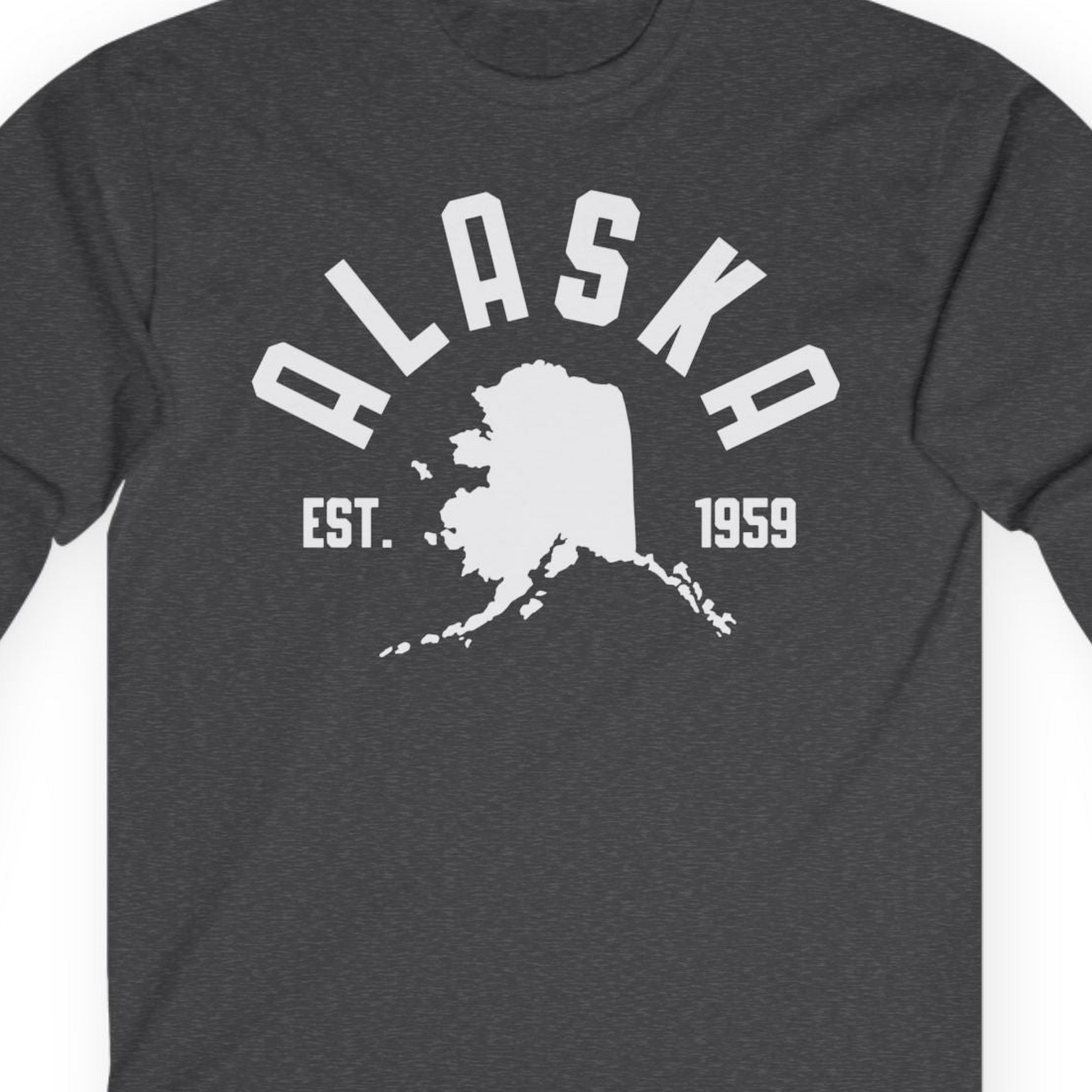 Vintage Alaska State Outline Est 1959 Retro Collegiate Shirt — Long Sleeve Long Sleeve Shirt – Dark Heather – Alaska Cruise Shirts Close Up