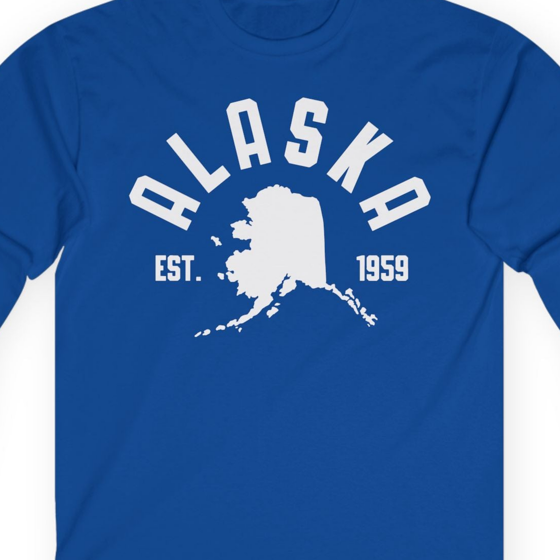 Vintage Alaska State Outline Est 1959 Retro Collegiate Shirt — Long Sleeve Long Sleeve Shirt – Royal – Alaska Cruise Shirts Close Up