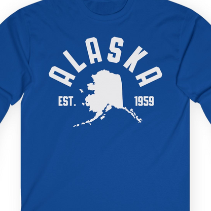 Vintage Alaska State Outline Est 1959 Retro Collegiate Shirt — Long Sleeve Long Sleeve Shirt – Royal – Alaska Cruise Shirts Close Up
