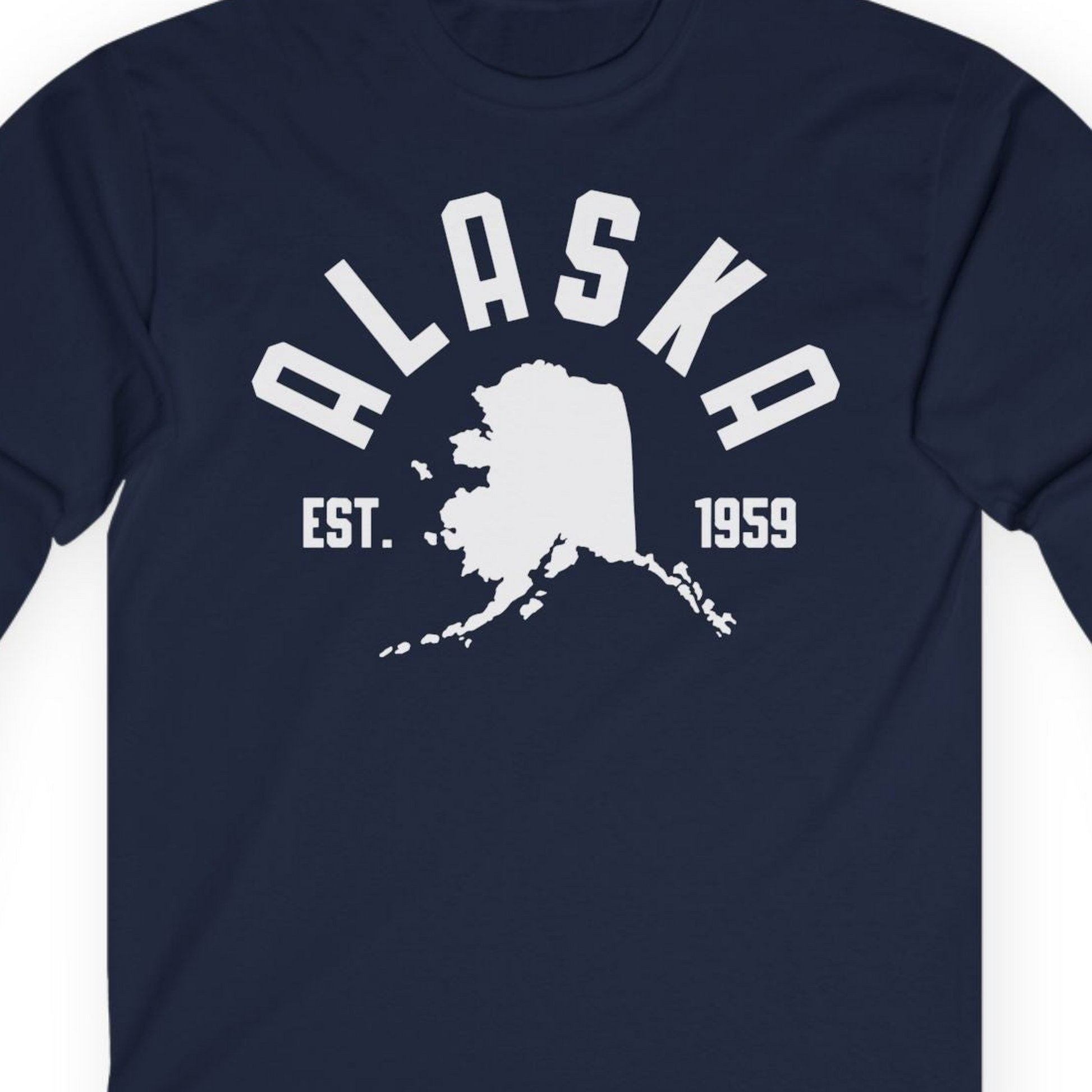 Vintage Alaska State Outline Est 1959 Retro Collegiate Shirt — Long Sleeve Long Sleeve Shirt – Navy – Alaska Cruise Shirts Close Up