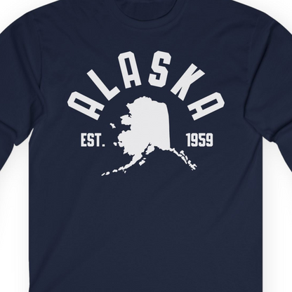 Vintage Alaska State Outline Est 1959 Retro Collegiate Shirt — Long Sleeve Long Sleeve Shirt – Navy – Alaska Cruise Shirts Close Up