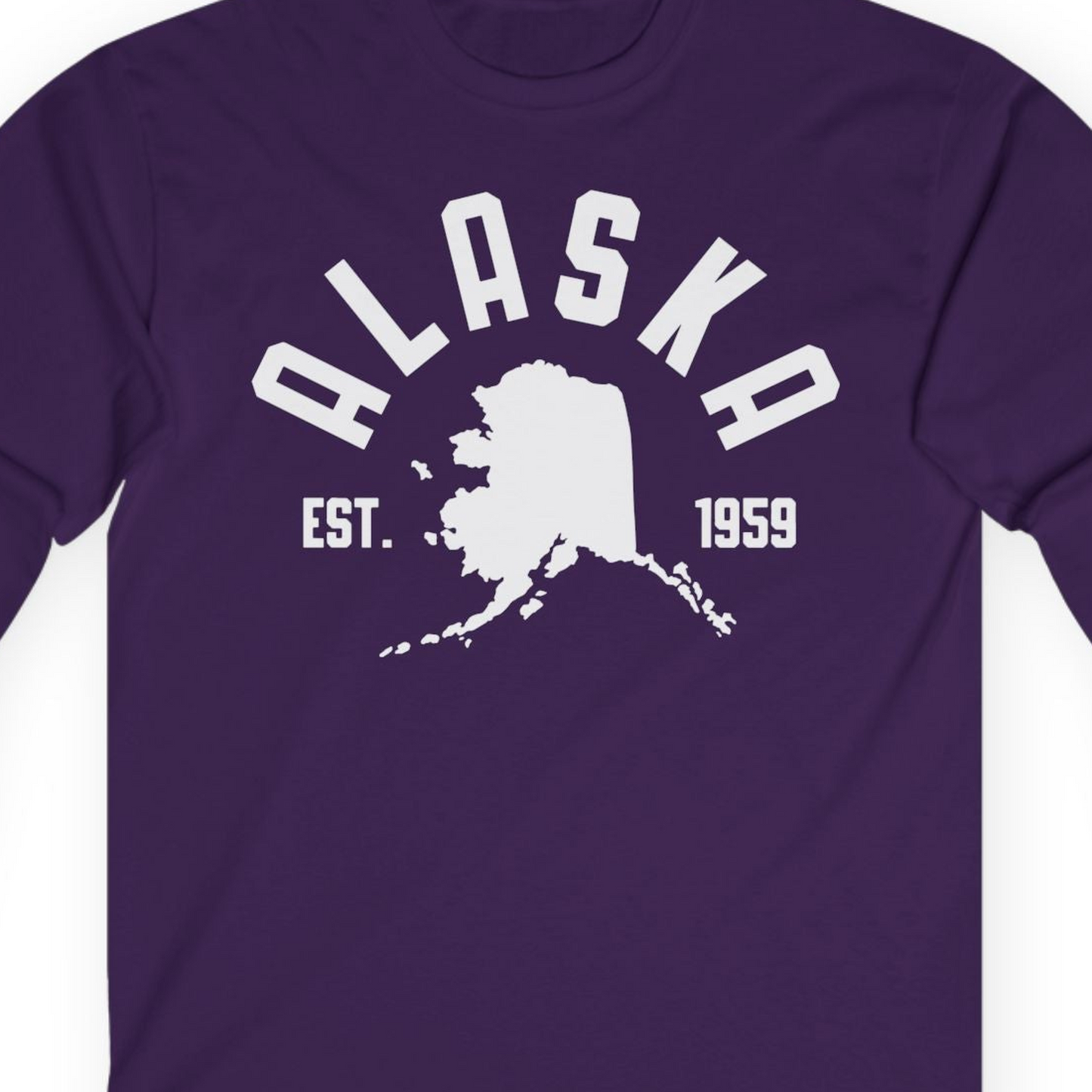 Vintage Alaska State Outline Est 1959 Retro Collegiate Shirt — Long Sleeve Long Sleeve Shirt – Purple – Alaska Cruise Shirts Close Up