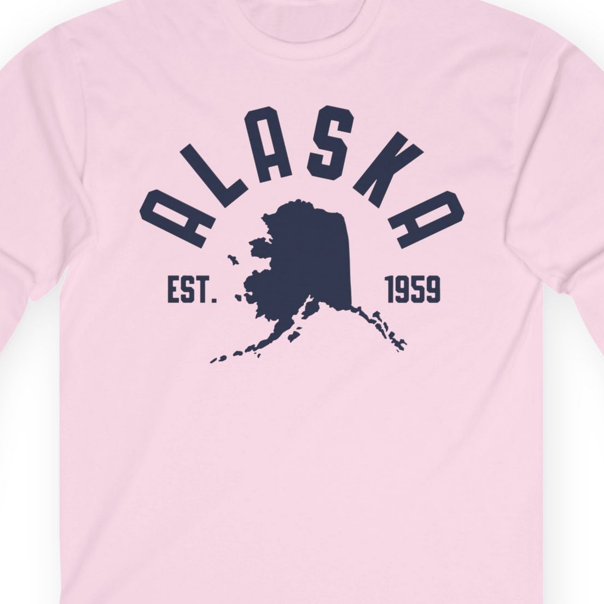 Vintage Alaska State Outline Est 1959 Retro Collegiate Shirt — Long Sleeve Long Sleeve Shirt – Light Pink – Alaska Cruise Shirts Close Up