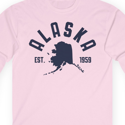 Vintage Alaska State Outline Est 1959 Retro Collegiate Shirt — Long Sleeve Long Sleeve Shirt – Light Pink – Alaska Cruise Shirts Close Up