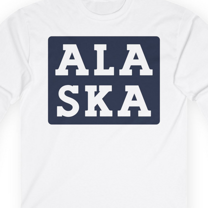 Bold Alaska Block Text Shirt Long Sleeve Shirt – White – Alaska Cruise Shirts Close Up