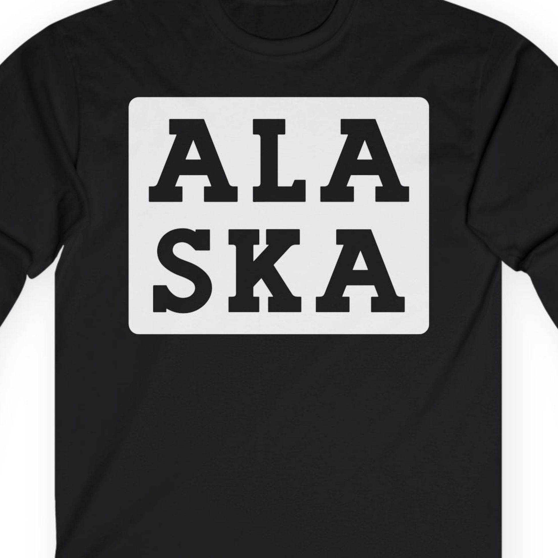 Bold Alaska Block Text Shirt Long Sleeve Shirt – Black – Alaska Cruise Shirts Close Up
