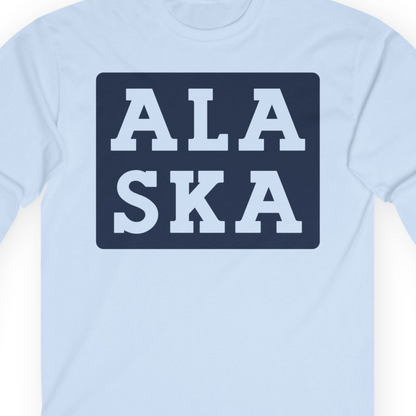 Bold Alaska Block Text Shirt Long Sleeve Shirt – Light Blue – Alaska Cruise Shirts Close Up