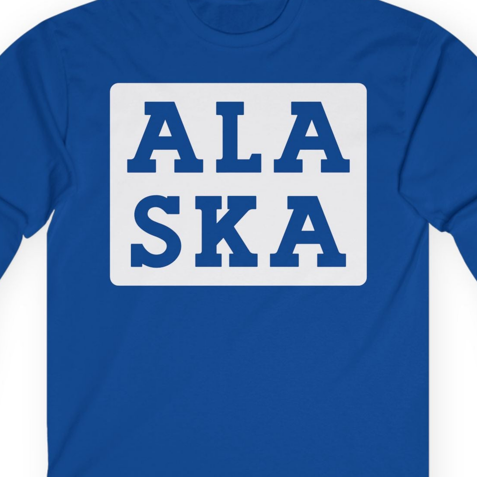 Bold Alaska Block Text Shirt Long Sleeve Shirt – Royal – Alaska Cruise Shirts Close Up
