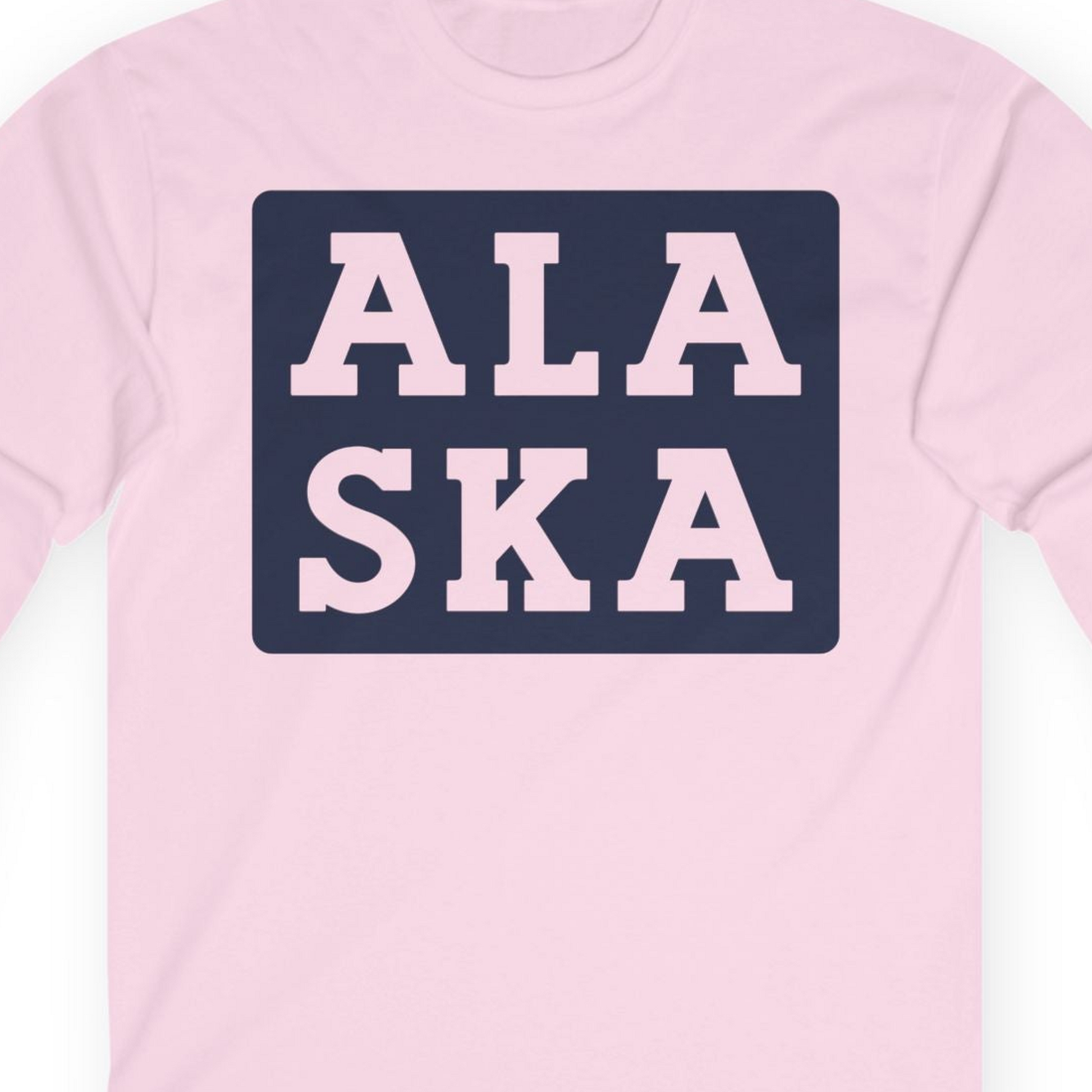 Bold Alaska Block Text Shirt Long Sleeve Shirt – Light Pink – Alaska Cruise Shirts Close Up