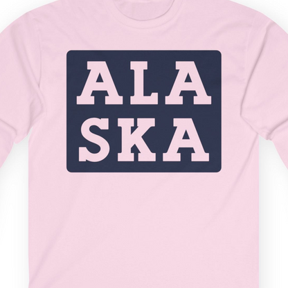 Bold Alaska Block Text Shirt Long Sleeve Shirt – Light Pink – Alaska Cruise Shirts Close Up