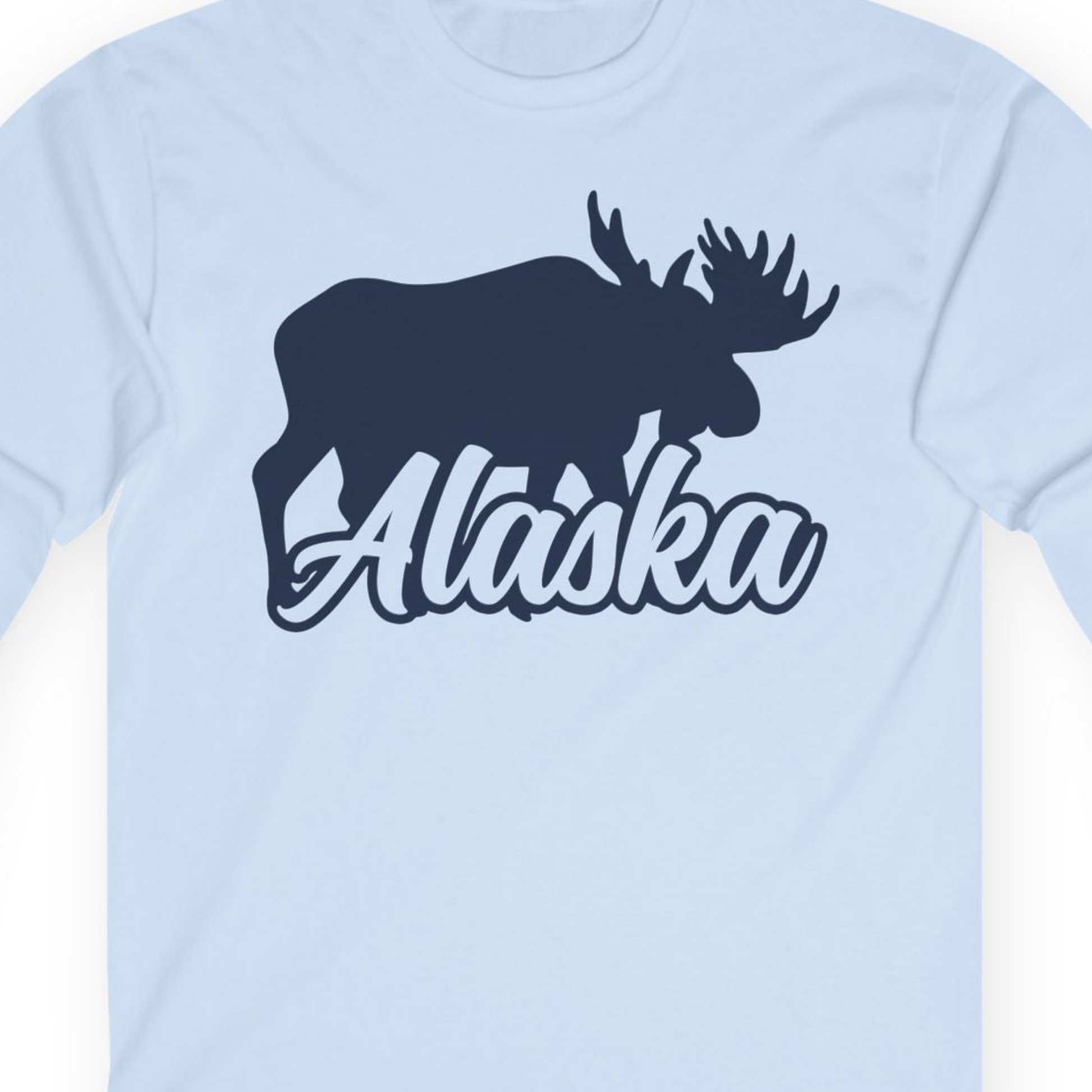 Alaska Moose Wildlife Silhouette Shirt Long Sleeve Shirt – Light Blue – Alaska Cruise Shirts Close Up
