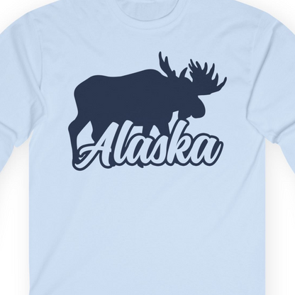 Alaska Moose Wildlife Silhouette Shirt Long Sleeve Shirt – Light Blue – Alaska Cruise Shirts Close Up