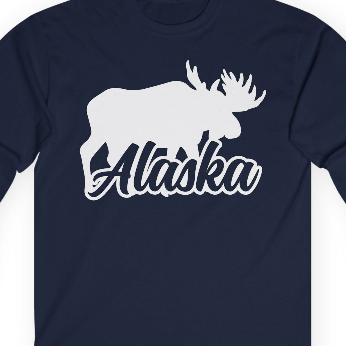 Alaska Moose Wildlife Silhouette Shirt Long Sleeve Shirt – Navy – Alaska Cruise Shirts Close Up