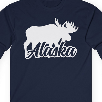 Alaska Moose Wildlife Silhouette Shirt Long Sleeve Shirt – Navy – Alaska Cruise Shirts Close Up