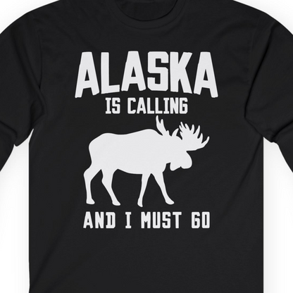 Alaska Is Calling Moose Silhouette Shirt Long Sleeve Shirt – Black – Alaska Cruise Shirts Close Up