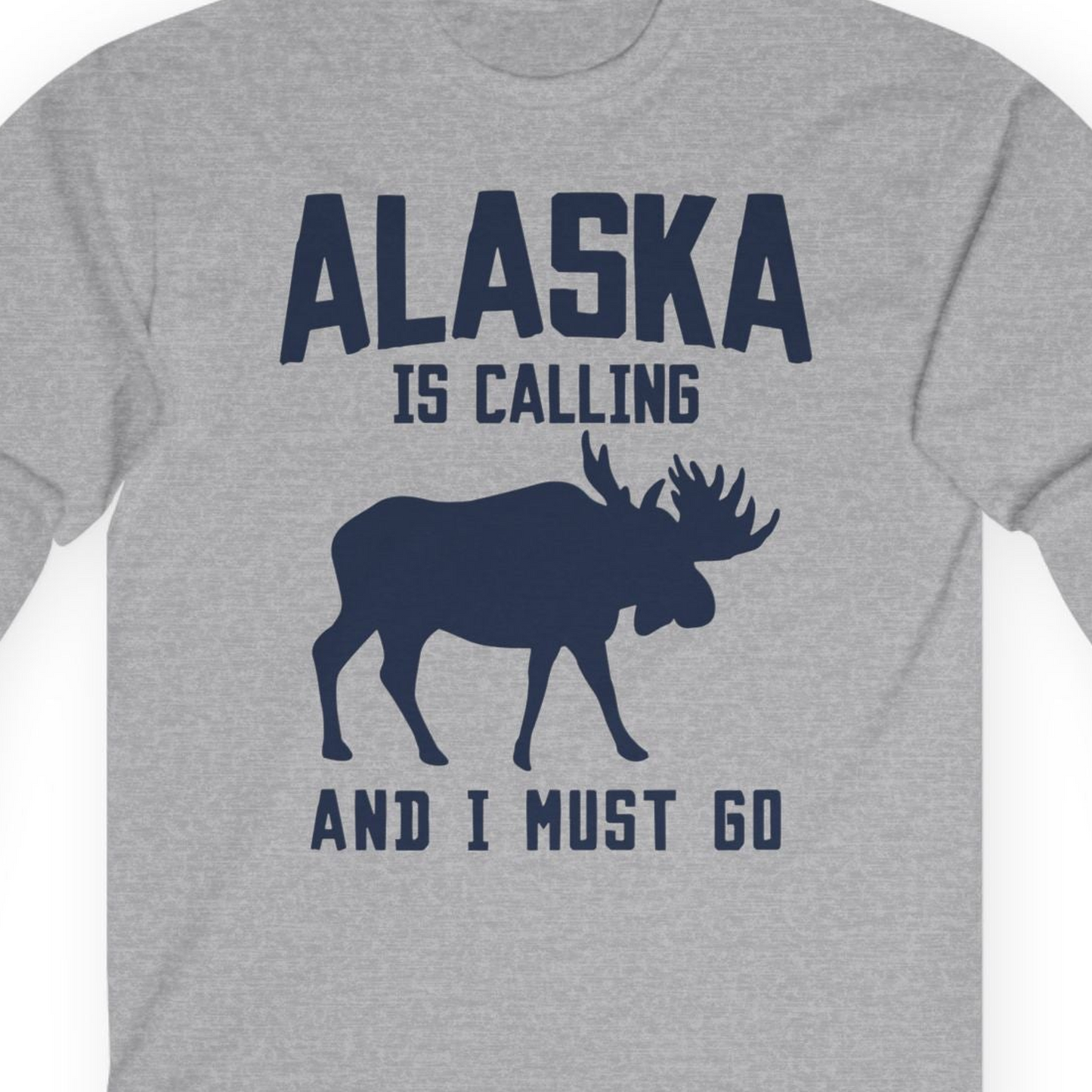 Alaska Is Calling Moose Silhouette Shirt Long Sleeve Shirt – Sport Grey – Alaska Cruise Shirts Close Up
