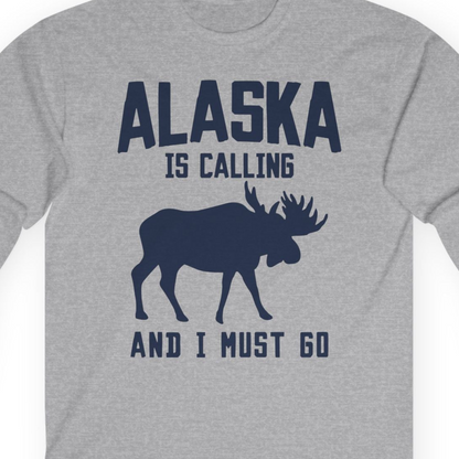 Alaska Is Calling Moose Silhouette Shirt Long Sleeve Shirt – Sport Grey – Alaska Cruise Shirts Close Up