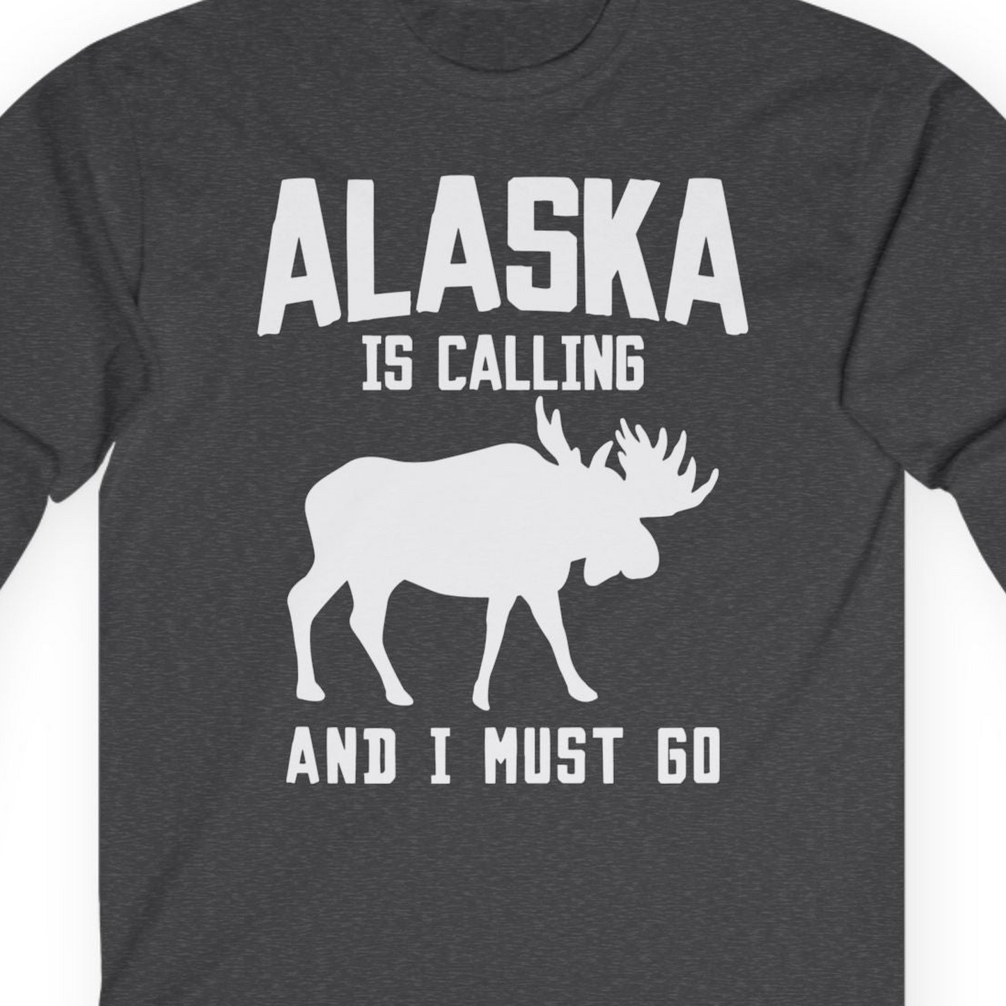 Alaska Is Calling Moose Silhouette Shirt Long Sleeve Shirt – Dark Heather – Alaska Cruise Shirts Close Up