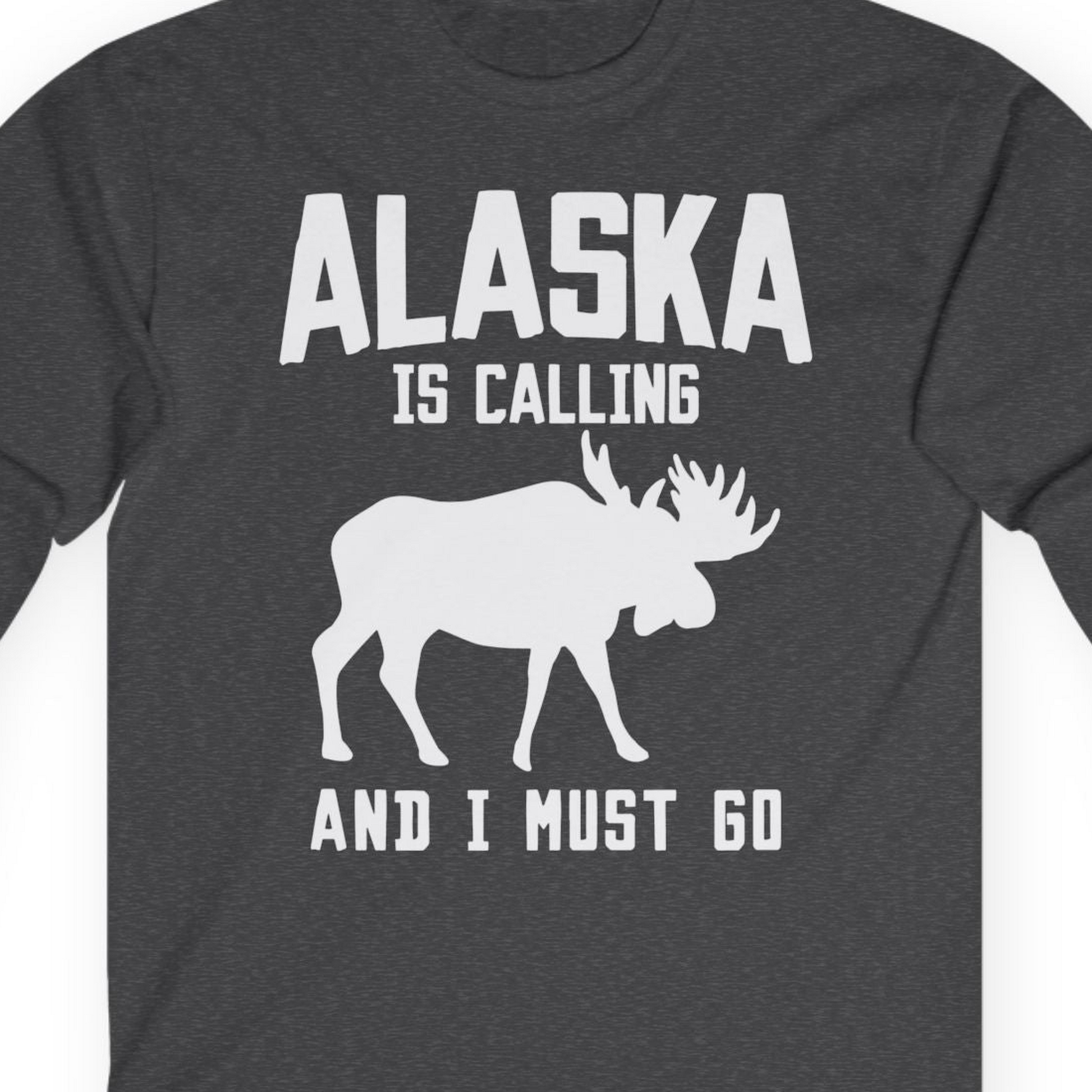 Alaska Is Calling Moose Silhouette Shirt Long Sleeve Shirt – Dark Heather – Alaska Cruise Shirts Close Up
