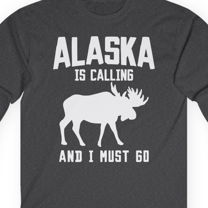 Alaska Is Calling Moose Silhouette Shirt Long Sleeve Shirt – Dark Heather – Alaska Cruise Shirts Close Up