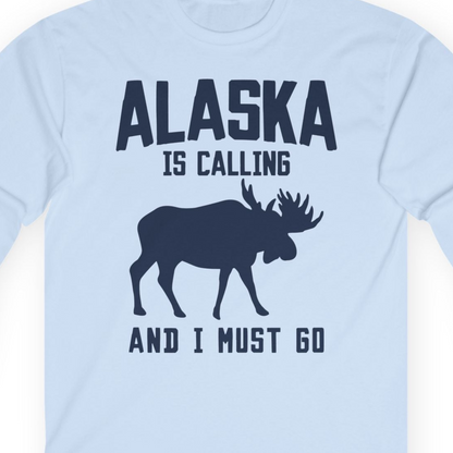 Alaska Is Calling Moose Silhouette Shirt Long Sleeve Shirt – Light Blue – Alaska Cruise Shirts Close Up