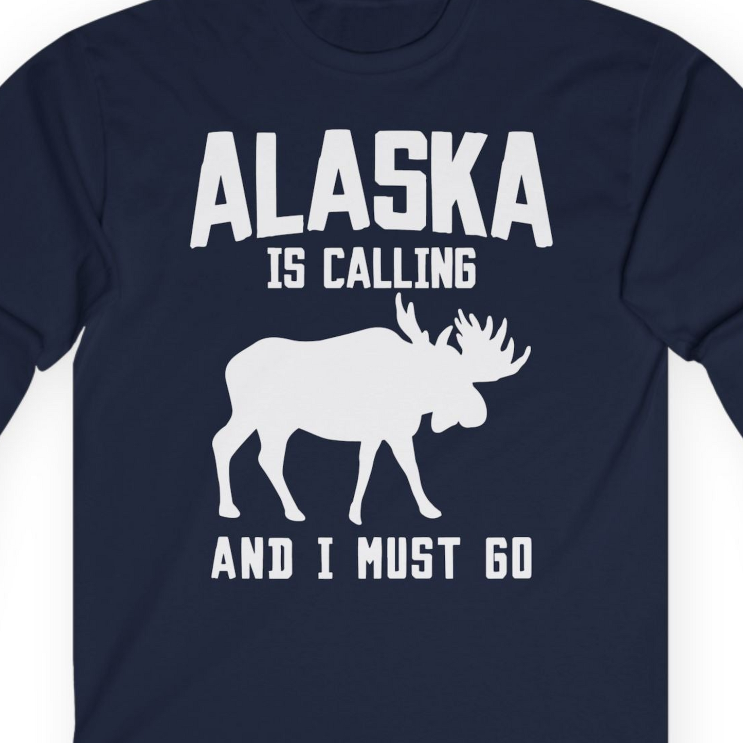 Alaska Is Calling Moose Silhouette Shirt Long Sleeve Shirt – Navy – Alaska Cruise Shirts Close Up