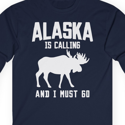 Alaska Is Calling Moose Silhouette Shirt Long Sleeve Shirt – Navy – Alaska Cruise Shirts Close Up