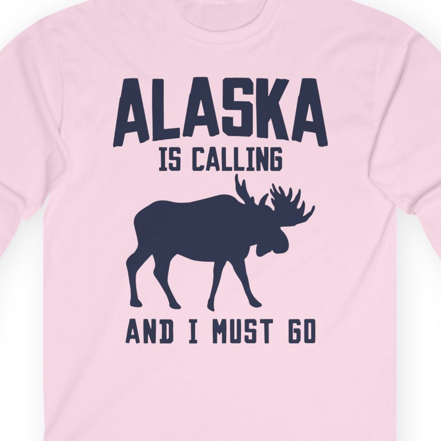 Alaska Is Calling Moose Silhouette Shirt Long Sleeve Shirt – Light Pink – Alaska Cruise Shirts Close Up
