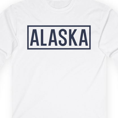 Alaska Bold Text Minimalist Monochrome Graphic Shirt for Travelers — Long Sleeve Long Sleeve Shirt – White – Alaska Cruise Shirts Close Up