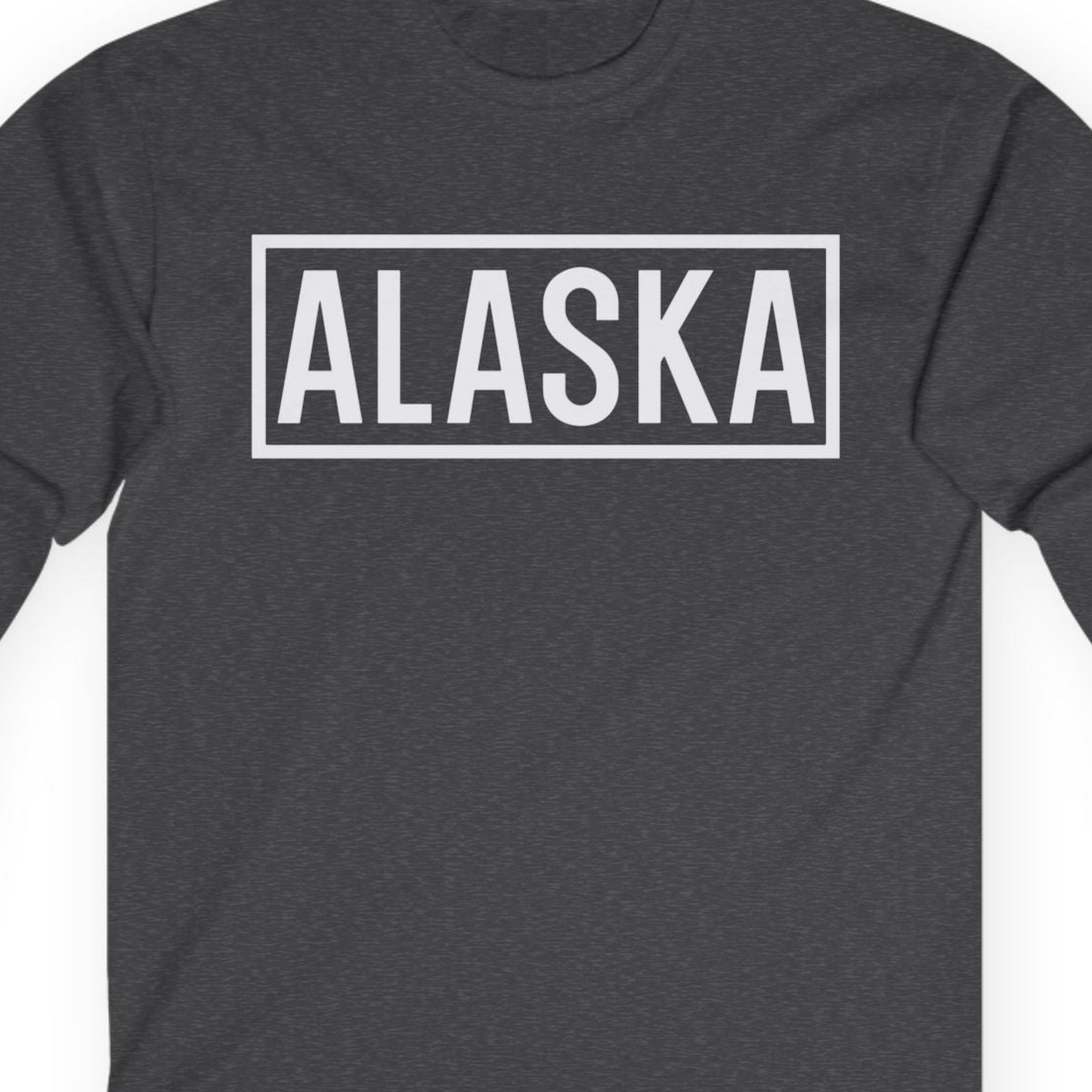 Alaska Bold Text Minimalist Monochrome Graphic Shirt for Travelers — Long Sleeve Long Sleeve Shirt – Dark Heather – Alaska Cruise Shirts Close Up