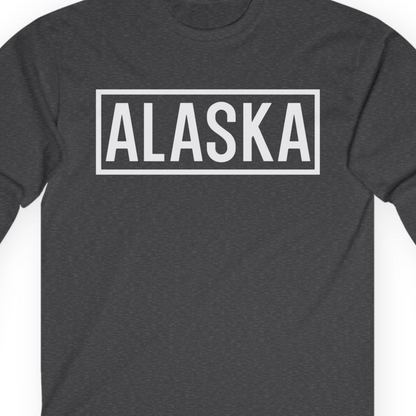 Alaska Bold Text Minimalist Monochrome Graphic Shirt for Travelers — Long Sleeve Long Sleeve Shirt – Dark Heather – Alaska Cruise Shirts Close Up