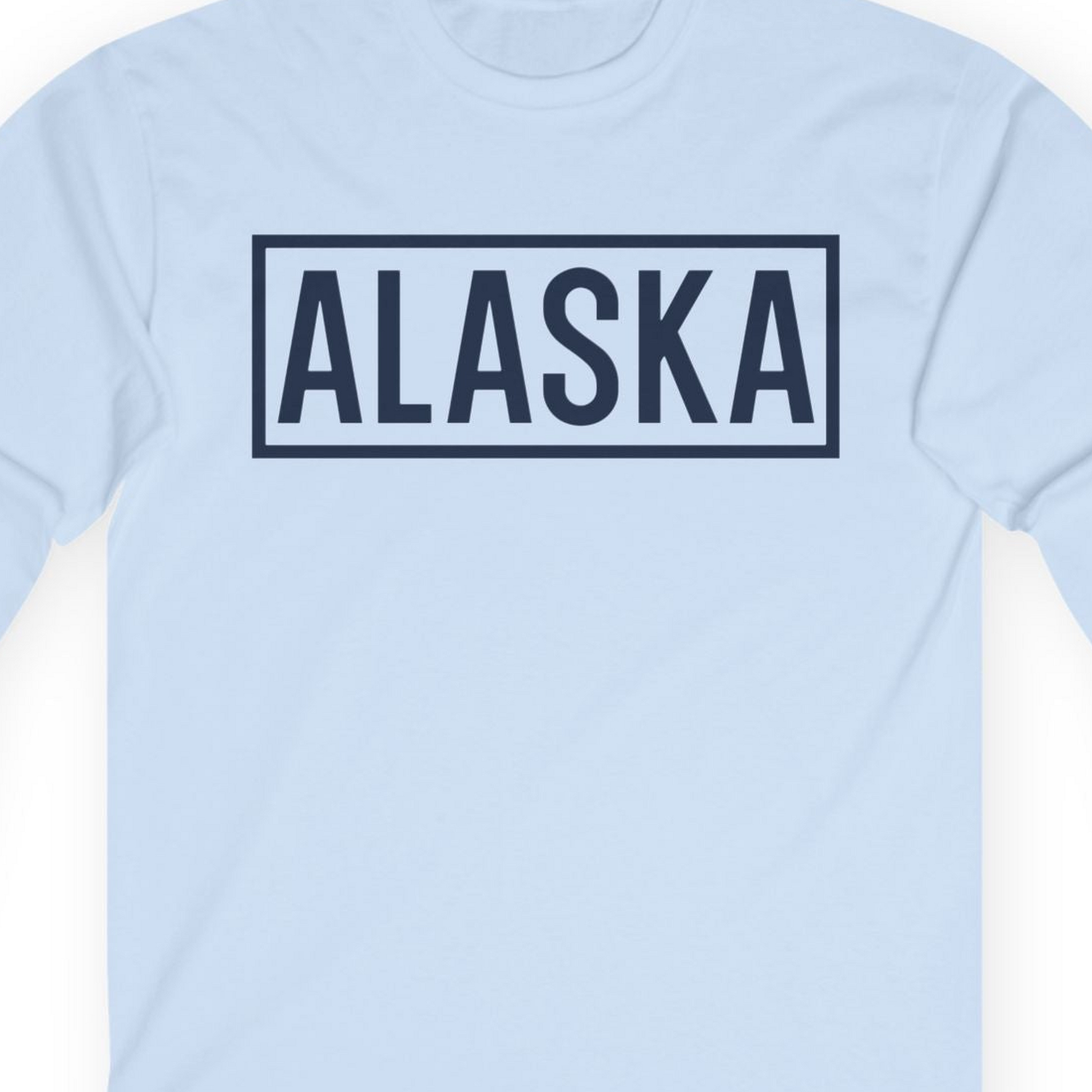 Alaska Bold Text Minimalist Monochrome Graphic Shirt for Travelers — Long Sleeve Long Sleeve Shirt – Light Blue – Alaska Cruise Shirts Close Up
