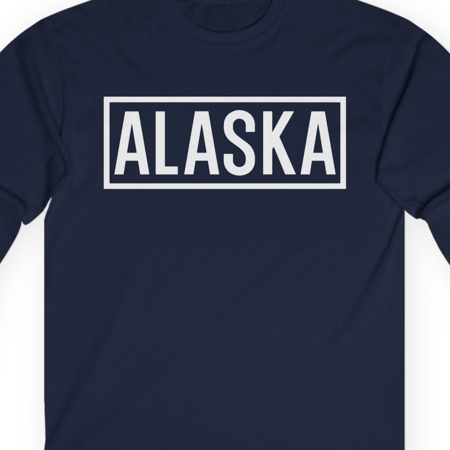 Alaska Bold Text Minimalist Monochrome Graphic Shirt for Travelers — Long Sleeve Long Sleeve Shirt – Navy – Alaska Cruise Shirts Close Up
