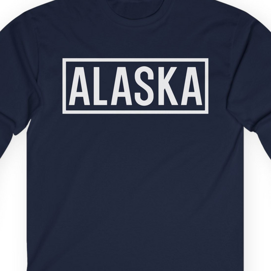 Alaska Bold Text Minimalist Monochrome Graphic Shirt for Travelers — Long Sleeve Long Sleeve Shirt – Navy – Alaska Cruise Shirts Close Up
